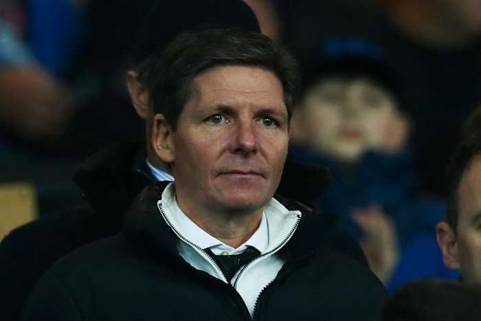Oliver Glasner pictured in the stands at Everton's Goodison Park in February 2024 just hours after being appointed as manager of Crystal Palace